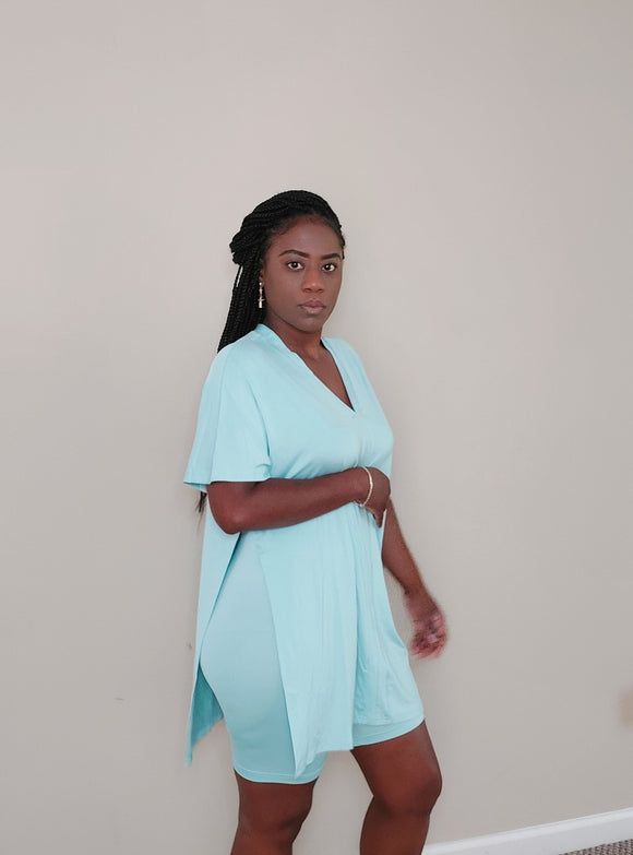 woman wearing a light Blue V-Neck Top with Side Splits and Matching High Waisted Biker Shorts
