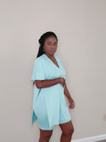 woman wearing a light Blue V-Neck Top with Side Splits and Matching High Waisted Biker Shorts